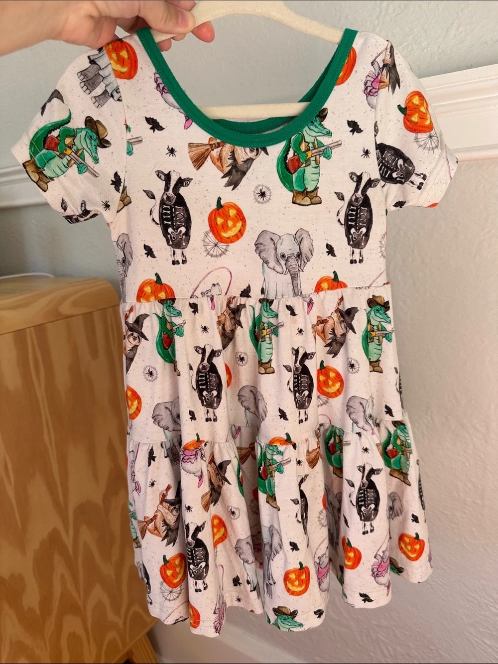 Girls' Halloween Patterned Dress with Green Trim